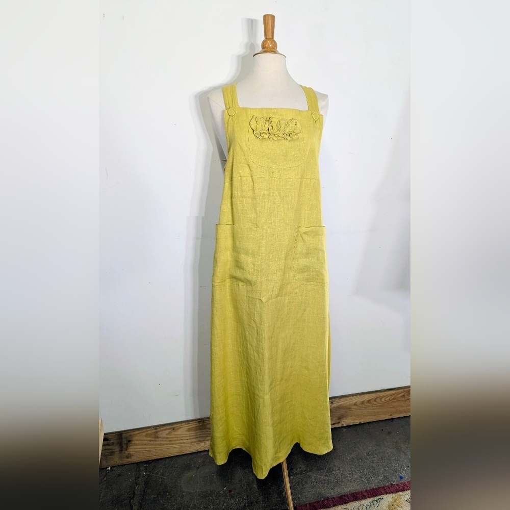 Yellow Sleeveless Linen Dress Pinafore Style Maxi With Pockets Art To Wear S Bib